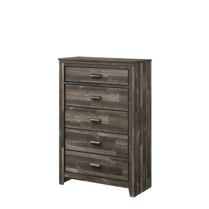 Rustic Dark Grey Weathered 6-Piece Platform Bedroom Set with Bold Black Hardware – Frame-Style Design, Metal-on-Metal Drawer Guides, and Sturdy Construction