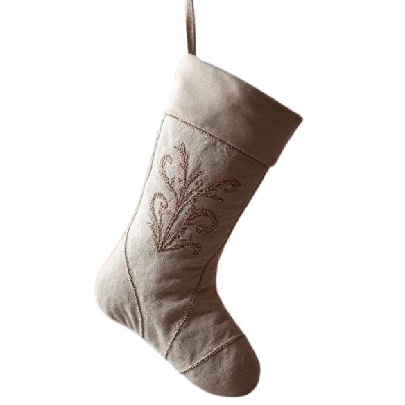 Beige Wool Christmas Stocking with Embroidered Florals