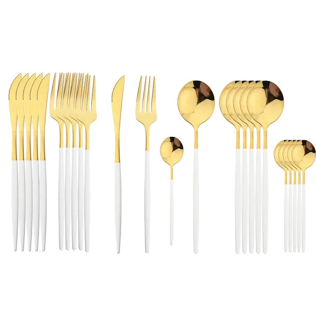 24Pcs Black Handle Golden Cutlery Set Stainless Steel Knife Fork Spoon Tableware Flatware Set Festival Kitchen Dinnerware Gift