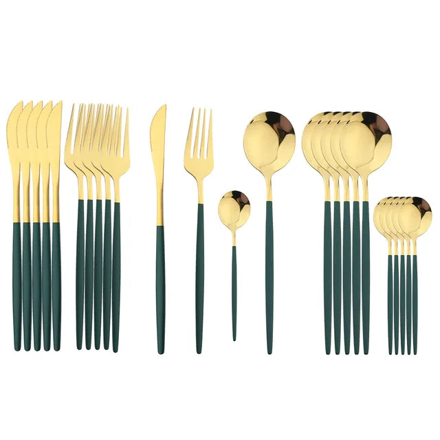 24Pcs Black Handle Golden Cutlery Set Stainless Steel Knife Fork Spoon Tableware Flatware Set Festival Kitchen Dinnerware Gift