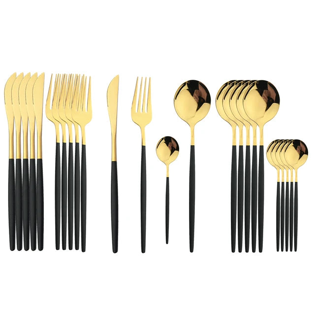 24Pcs Black Handle Golden Cutlery Set Stainless Steel Knife Fork Spoon Tableware Flatware Set Festival Kitchen Dinnerware Gift