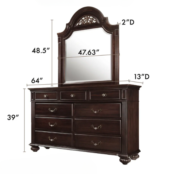 Elegant Traditional 4-Piece Walnut Wood Poster Bedroom Set with Floral Carved Headboard and Fluted Detailing