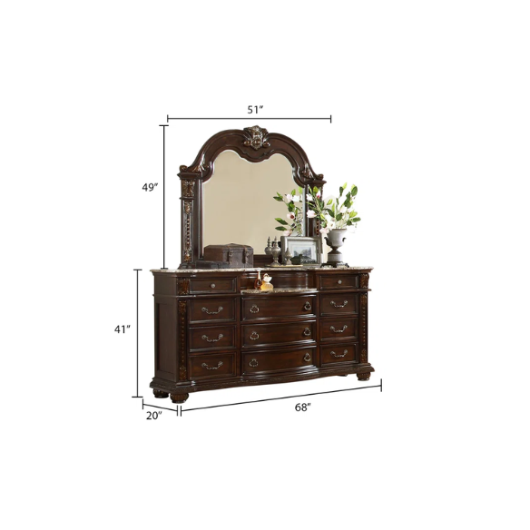 Classic Elegance 5-Piece Queen Bedroom Set in Dark Walnut with Button-Tufted Headboard, Marble-Topped Nightstand, 11-Drawer Dresser, Beveled Mirror, and Storage Chest