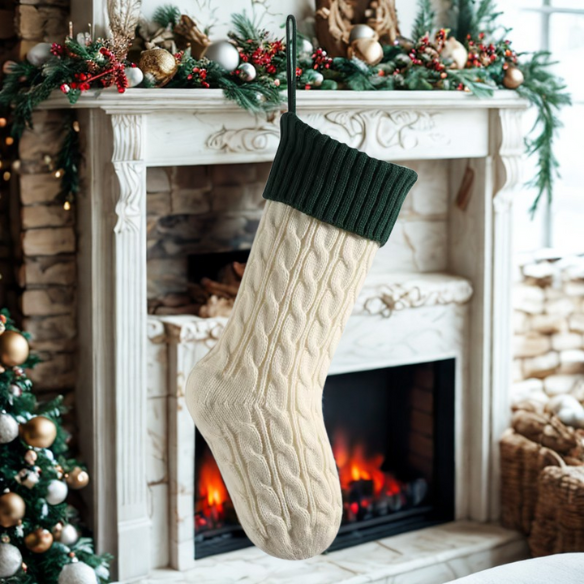 Green Top with White Knitted Christmas Stocking – Cable Knit Holiday Gift Bag with Soft Lining