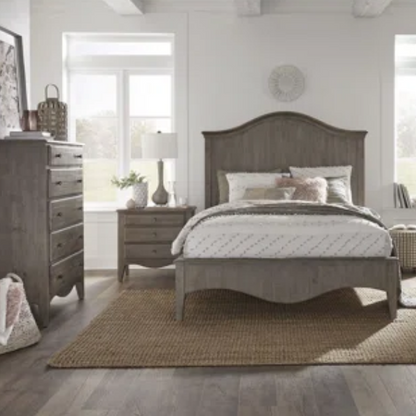 Rustic Charm Meets Chic Elegance: Solid Wood Platform King Size Bedroom Set with Scalloped Edges, Weathered White Wash Finish, Unique Grain Patterns, Angled Feet, and Oil-Rubbed Bronze Drawer Pulls