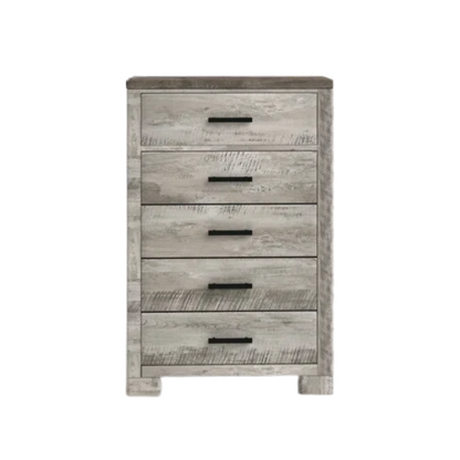 Coastal Farmhouse-Inspired King Size Bedroom Set: Distressed Whitewash Finish with Natural Brown Accents – Includes Platform Bed, 2-Drawer Nightstand, 7-Drawer Dresser with Mirror, and Optional 5-Drawer Chest for Complete Storage Solution