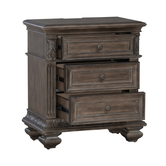 Brown & Beige King Poster Bedroom Set with Dresser, Mirror, Chest & Nightstand – Rustic Hickory Veneers, Sand Linen Upholstery, Antique Brass Accents