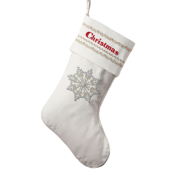 White Christmas Stocking with Embroidered Snowflake and Gold Cuff