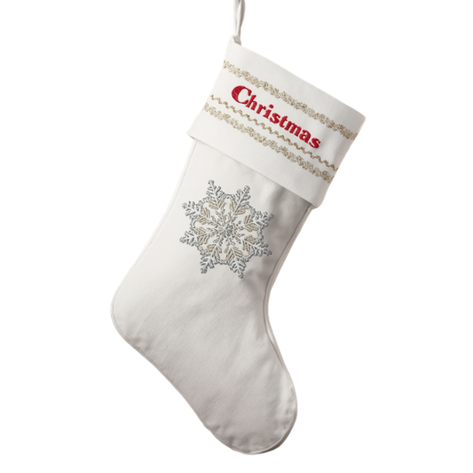 White Christmas Stocking with Embroidered Snowflake and Gold Cuff