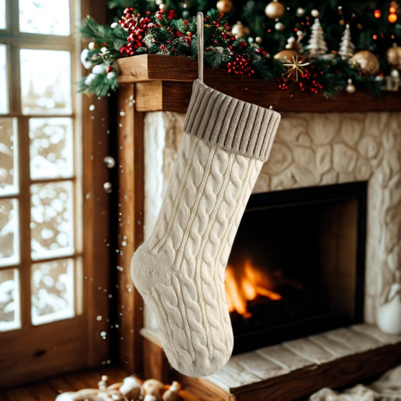 Taupe Top with White Knitted Christmas Stocking – Cable Knit Holiday Gift Bag with Soft Lining