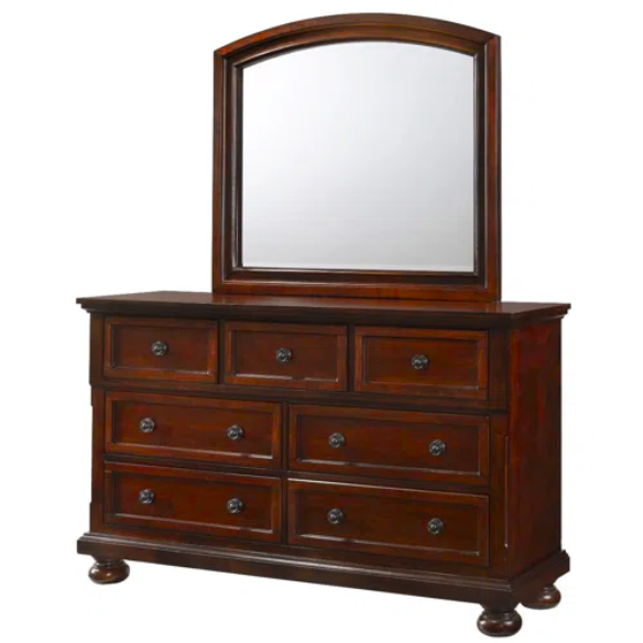 Cherry Brown King Size Platform Bedroom Set with Real Wood Veneers, Full Extension Footboard Storage Drawers, and Matching Large-Scale Dressers, Nightstands, and Mirror
