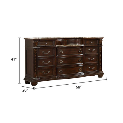 Classic Elegance 5-Piece Queen Bedroom Set in Dark Walnut with Button-Tufted Headboard, Marble-Topped Nightstand, 11-Drawer Dresser, Beveled Mirror, and Storage Chest