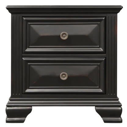 4-Piece Vintage Black Wood Panel Bedroom Set with Distressed Parchment Finish – Traditional Elegance with Silver Accents, Beveled Drawer Fronts, and Brass Rosette Knob Hardware