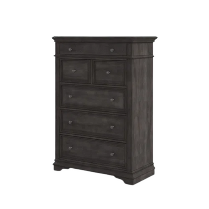 Rustic Driftwood Grey King 5-Piece Bedroom Set – Upholstered Tufted Bed, Nightstand, Dresser with Mirror, and Chest