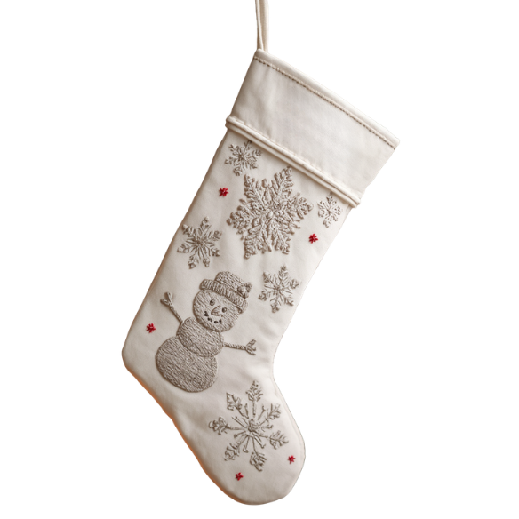 Off-White Christmas Stocking with Embroidered Snowflakes and Snowman
