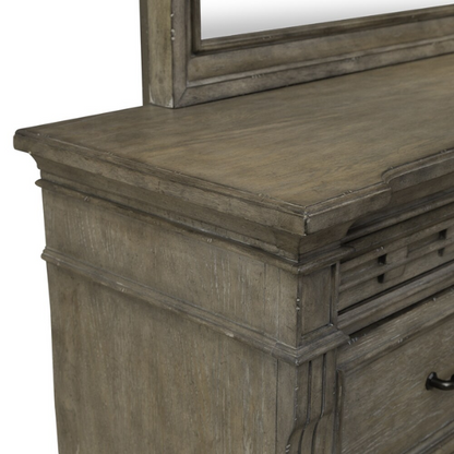 Timeless Elegance Barrigan 6-Piece King Panel Bed, Dresser, Mirror, Chest & Nightstand Set – Dusty Taupe Finish, Burnished Brass Accents, Full Extension Drawers, Cedar & Felt-Lined Drawers, Decorative Fretwork, and Built-in Charging Station
