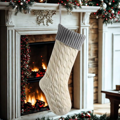 Grey Top with White Knitted Christmas Stocking – Cable Knit Holiday Gift Bag with Soft Lining