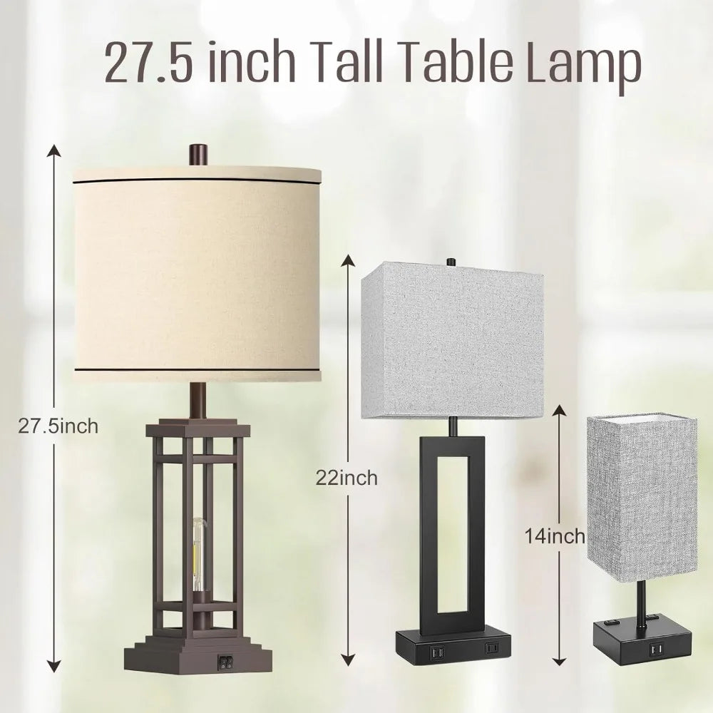 27.5 Tall Farmhouse Table Lamps with USB C + USB a Charge Ports, Rustic Living Room Lamps Set of 2, Black Industrial End Table