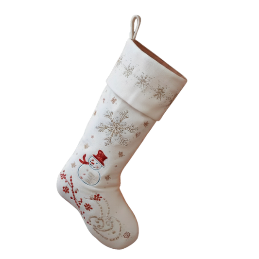 Embroidered Snowflake & Snowman Christmas Stocking with Red Floral Accents