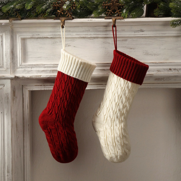 Red Top with White Knitted Christmas Stocking – Cable Knit Holiday Gift Bag with Soft Lining