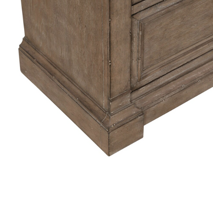 Timeless Elegance Barrigan 6-Piece King Panel Bed, Dresser, Mirror, Chest & Nightstand Set – Dusty Taupe Finish, Burnished Brass Accents, Full Extension Drawers, Cedar & Felt-Lined Drawers, Decorative Fretwork, and Built-in Charging Station