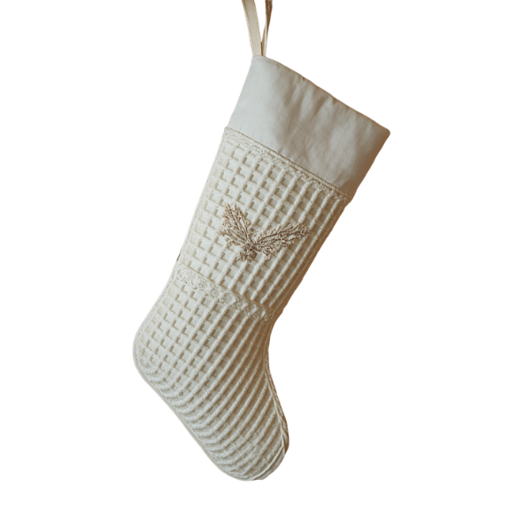 Waffle-Knit Christmas Stocking with Embroidered Bird Detail