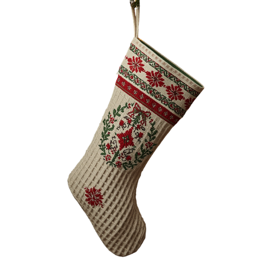 Beige Waffle-Knit Christmas Stocking with Red Floral and Holly Design
