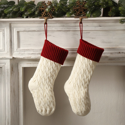 Red Top with White Knitted Christmas Stocking – Cable Knit Holiday Gift Bag with Soft Lining
