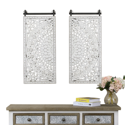 Boho Floral Wall Décor Set (Set of 2) – Hand-Carved Flower Medallion Panels with Modern Farmhouse Iron Bar Accent