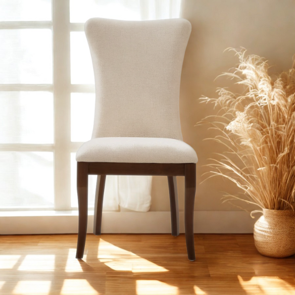 Beige Wingback Upholstered Dining Chairs – Set of 2, Nailhead Trim & Dark Cherry Legs