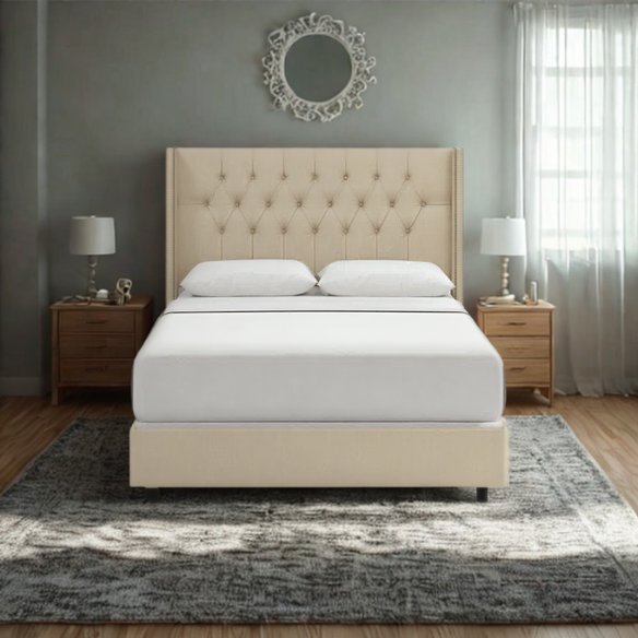 Timeless Upholstered Wingback King Size Bed with Button Tufting and Nailhead Trim
