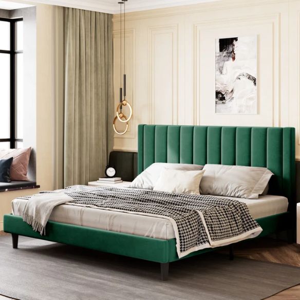King Size Upholstered Platform Bed with Velvet Headboard, Foam Padding, and Noise-Free Construction for Ultimate Comfort