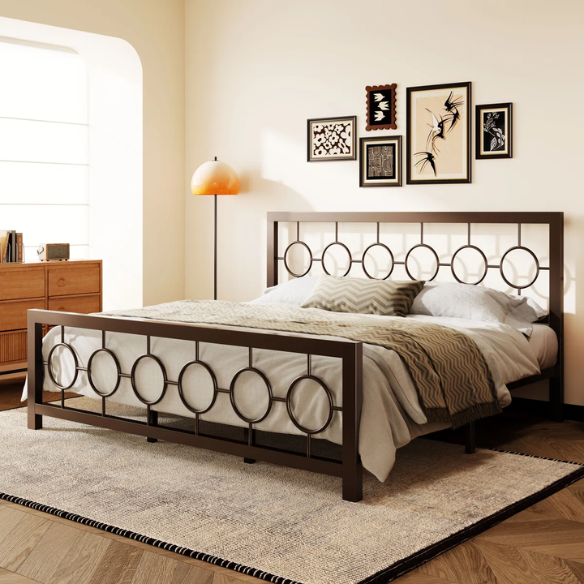 Modern King Size Metal Open-Frame Platform Bed with Art Deco-Inspired Circle Medallion Details – Sleek, Clean-Lined Design with Sturdy Metal Frame and Minimalist Aesthetic