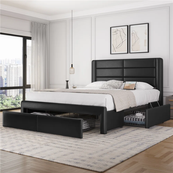 King Size Vegan Leather Metal Platform Storage Bed with 3 Drawers, Tufted Headboard, and Built-In USB Ports – Modern Design for Ultimate Comfort and Convenience