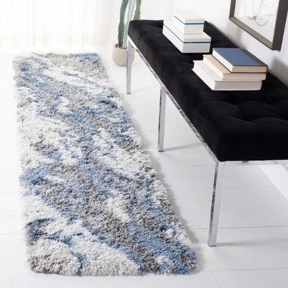 Plush Abstract Blue, Grey, and White Pattern Shag Rug