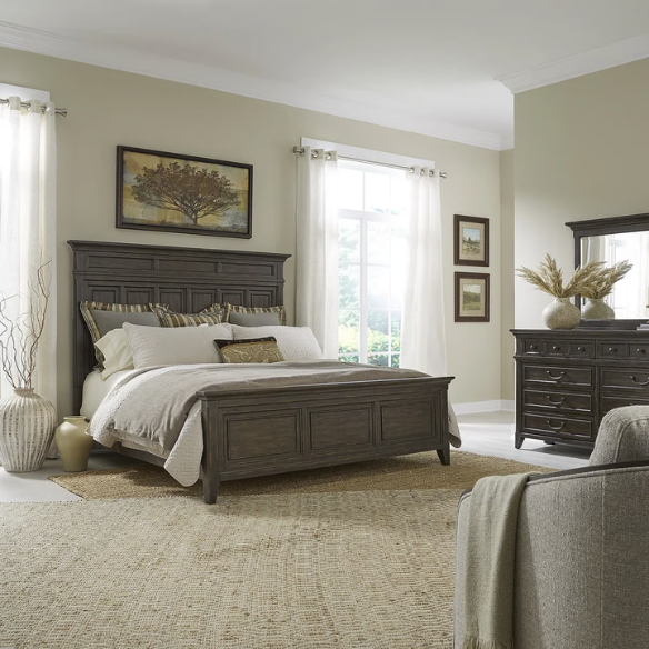 Rustic Elegance 3-Piece King Panel Bed, Dresser & Mirror Set in Saddle Brown – Crafted with Rubberwood and Split Heart White Oak Veneers, Soft-Close Drawers, Cedar Lining, Antique Pewter Hardware, and Crown Molding Details