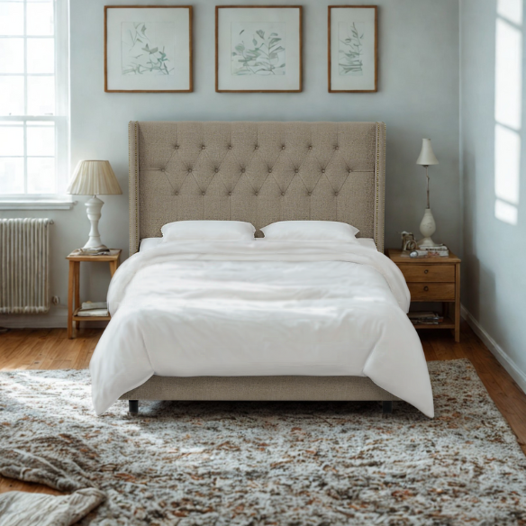 Timeless Upholstered Wingback King Size Bed with Button Tufting and Nailhead Trim