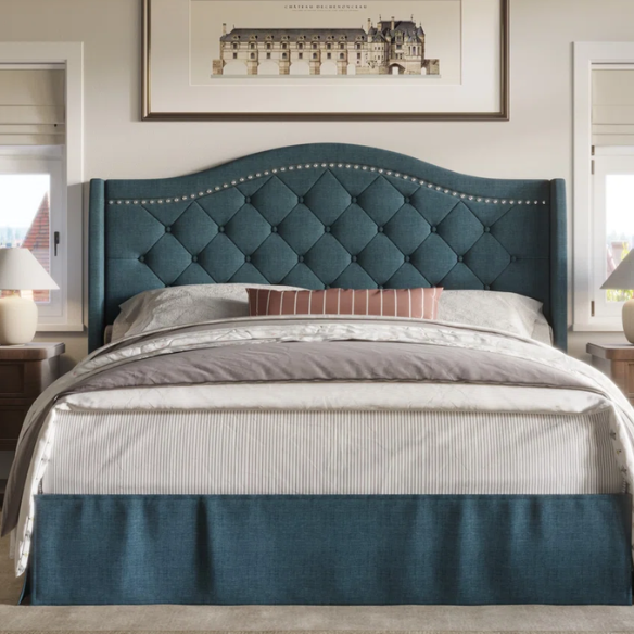 Elegant Upholstered Wingback Bed – Full/Double Size with Soft Polyester Fabric & Classic, Sophisticated Design