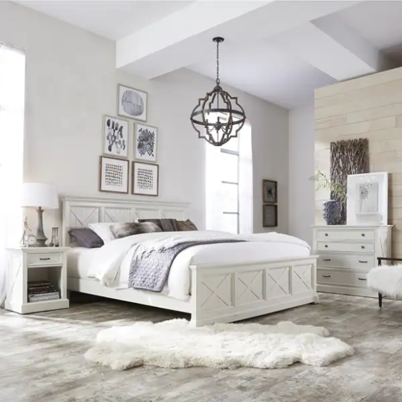Farmhouse-Style 3-Piece X-Detail King Bed, Nightstand, and Chest Set with Weathered White Coating