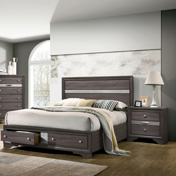 Modern Style 2-Piece Grey Storage Platform Bedroom Set with Panel Bed, Nightstand, and Sleek Silver Accents
