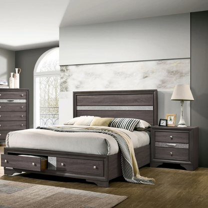 Modern Style 2-Piece Grey Storage Platform Bedroom Set with Panel Bed, Nightstand, and Sleek Silver Accents