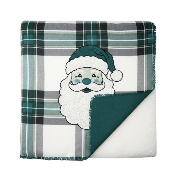 Holiday Plaid Throw Blanket with Embroidered Santa Face
