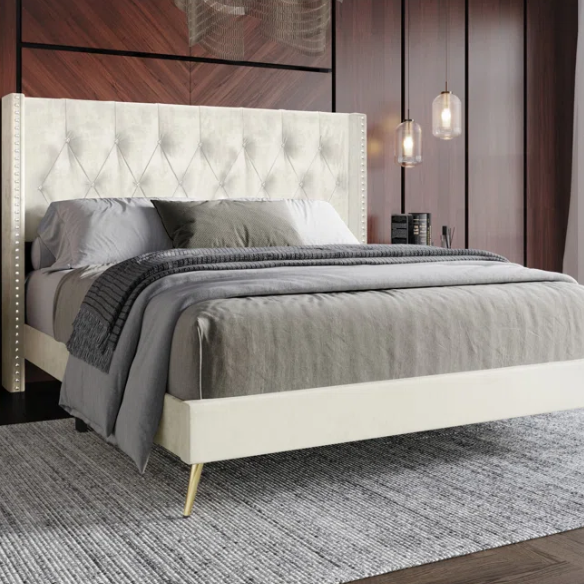 Luxurious King Size Upholstered Wingback Bed with Velvet Upholstery – Elegant Diamond Tufting, Nailhead Trim, Gold-Finished Feet, and Foam-Padded Headboard for Ultimate Comfort and Style
