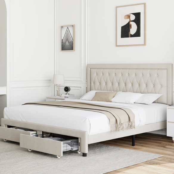 Luxurious King Size Velvet Tufted Upholstered Bed Frame with Adjustable Headboard, Button Tufting, and Nailhead Trim – No Box Spring Needed for Superior Support and Comfort