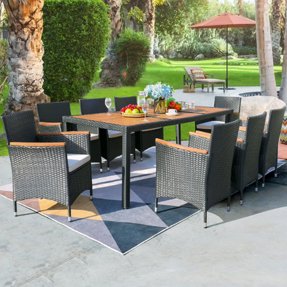 Outdoor Patio Dining Set | Acacia Wood Table and Chairs with Plush Cushions | Stylish Wicker Patio Furniture for Comfort and Elegance