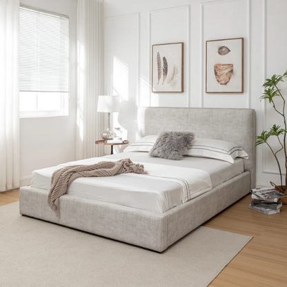 Elegant Grey Queen Size Upholstered Bed with Soft Bouclé Polyester Fabric – Modern and Stylish