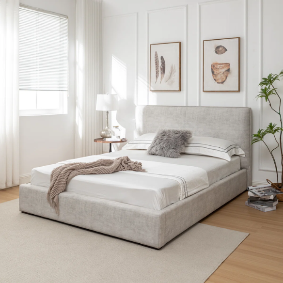 Elegant Grey Queen Size Upholstered Bed with Soft Bouclé Polyester Fabric – Modern and Stylish