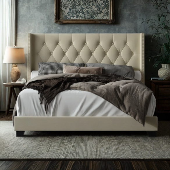 King Size Upholstered Low-Profile Bed with Wingback Headboard, Button Tufting, and Nailhead Trim – Glamorous, Traditional Design with Flared Legs