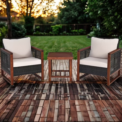 3-Piece Patio Wicker Furniture Set | Rattan Outdoor Sofa with Washable Cushions and Acacia Wood Coffee Table | Perfect for Garden and Backyard