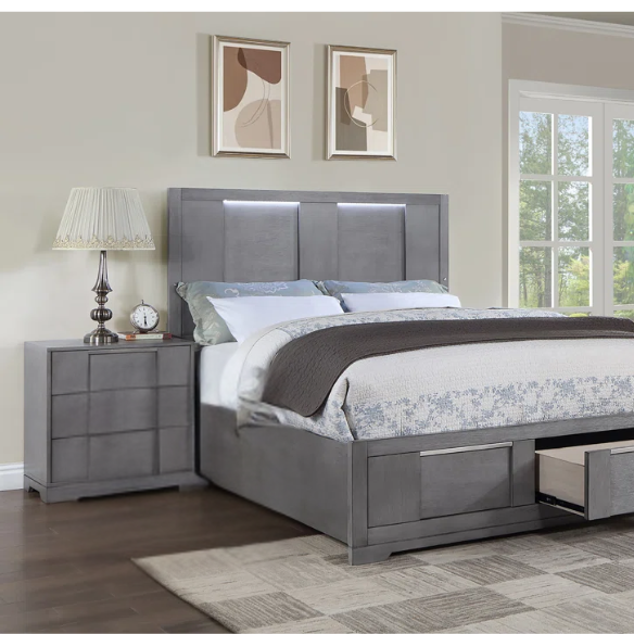 Sophisticated 5-Piece Queen Bedroom Set with LED-Illuminated Storage Bed, Asymmetrical Panels, and Recessed Nickel Drawer Pulls